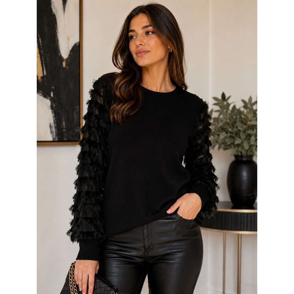 Siani Milano Fringe Sleeve Sweater Black Textured Knit Statement Top